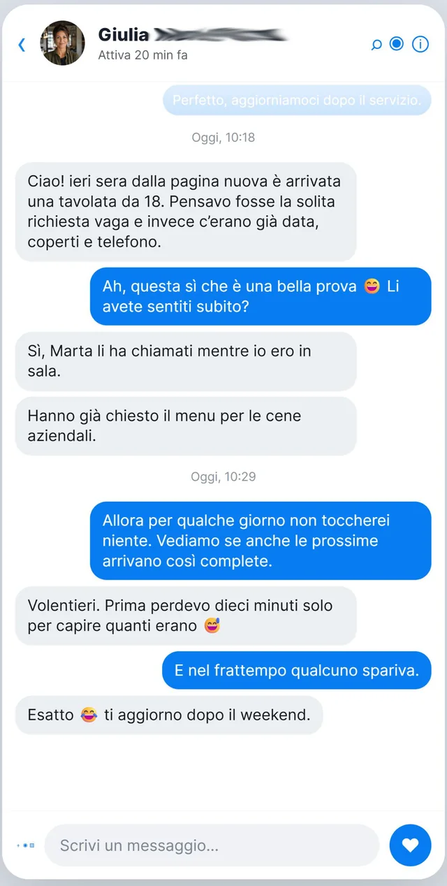 Conversazione Messenger con la titolare di un ristorante