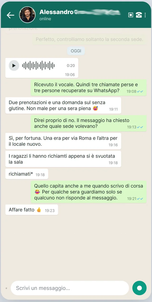 Conversazione WhatsApp col titolare di un ristorante