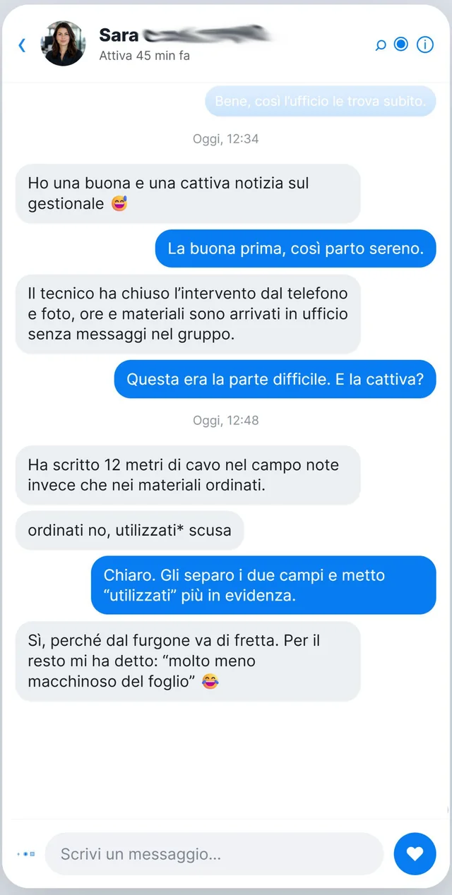 Conversazione Messenger con la titolare di un'impresa di servizi