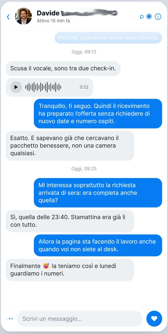 Conversazione Messenger col titolare di un hotel