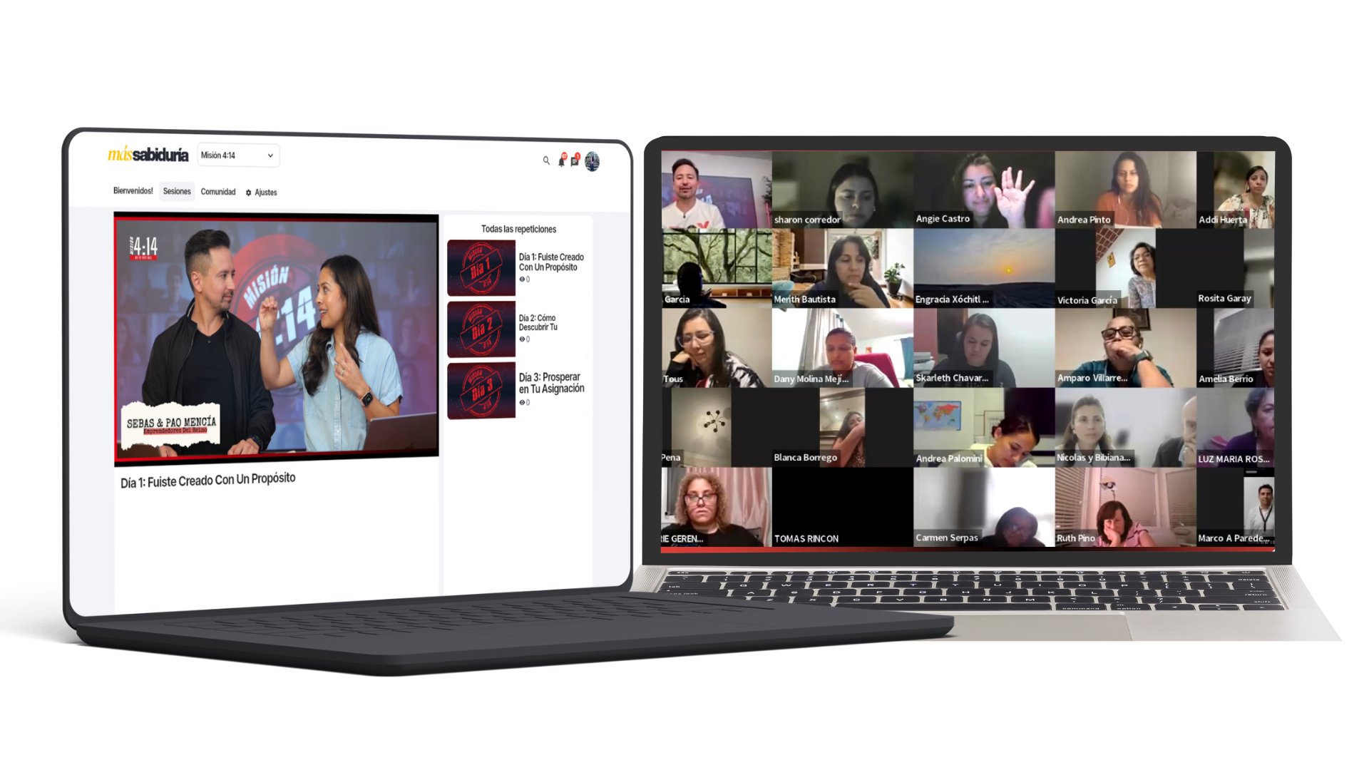 La sesión grabada del día en la laptop y el grupo conectado en vivo desde la app privada