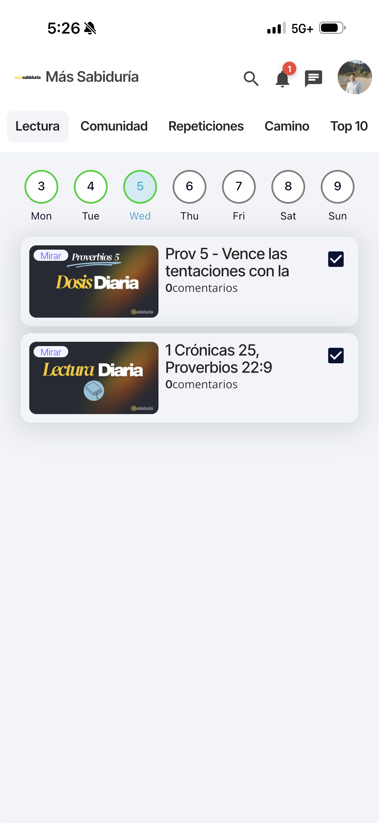 Pantalla de lectura diaria en la app Más Sabiduría