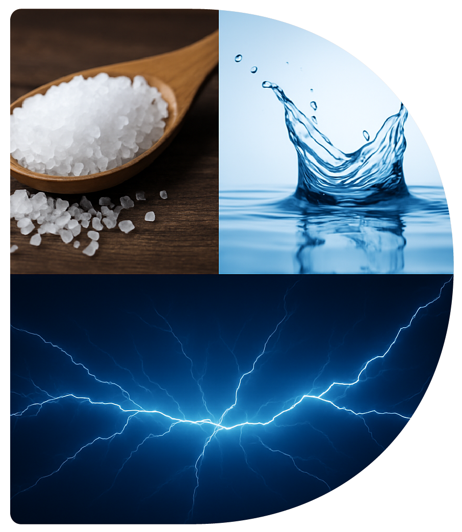 The Danolyte D mark showing salt, water and electricity, the three ingredients used to make hypochlorous acid
