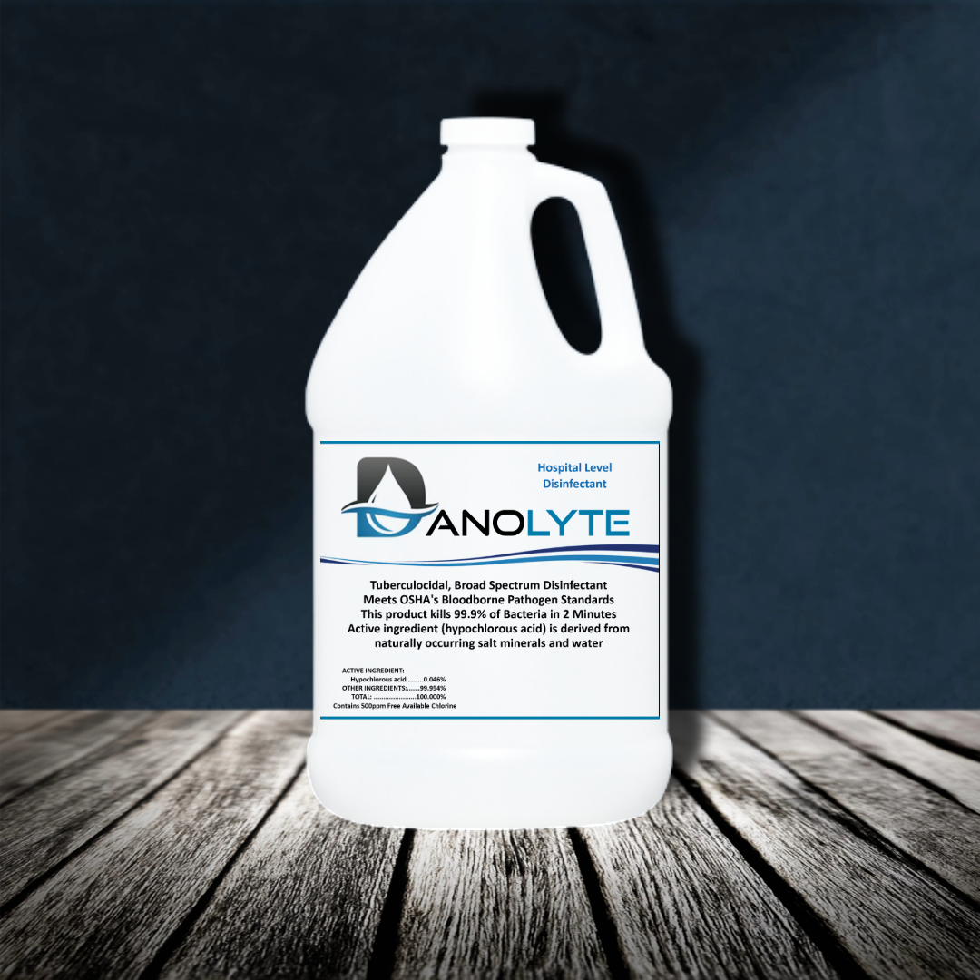A gallon of Danolyte Disinfectant, EPA Reg. No. 91582-1, on dark wood