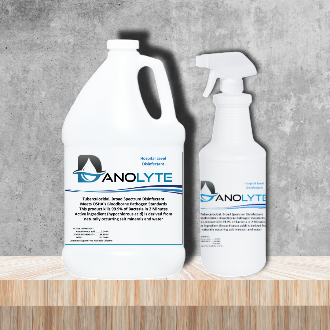 Danolyte Disinfectant gallon and quart spray bottle against a concrete wall