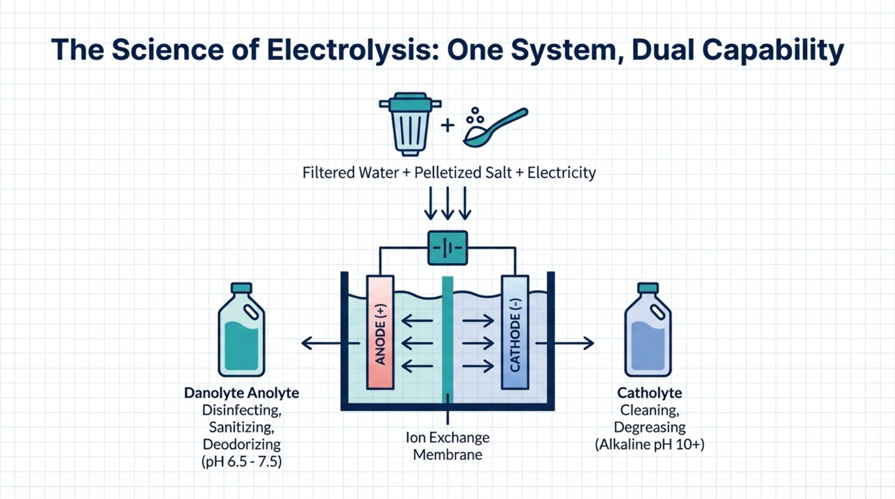 Electrolysis diagram: filtered water, salt and electricity pass through a cell with an anode, a cathode and an ion-exchange membrane
