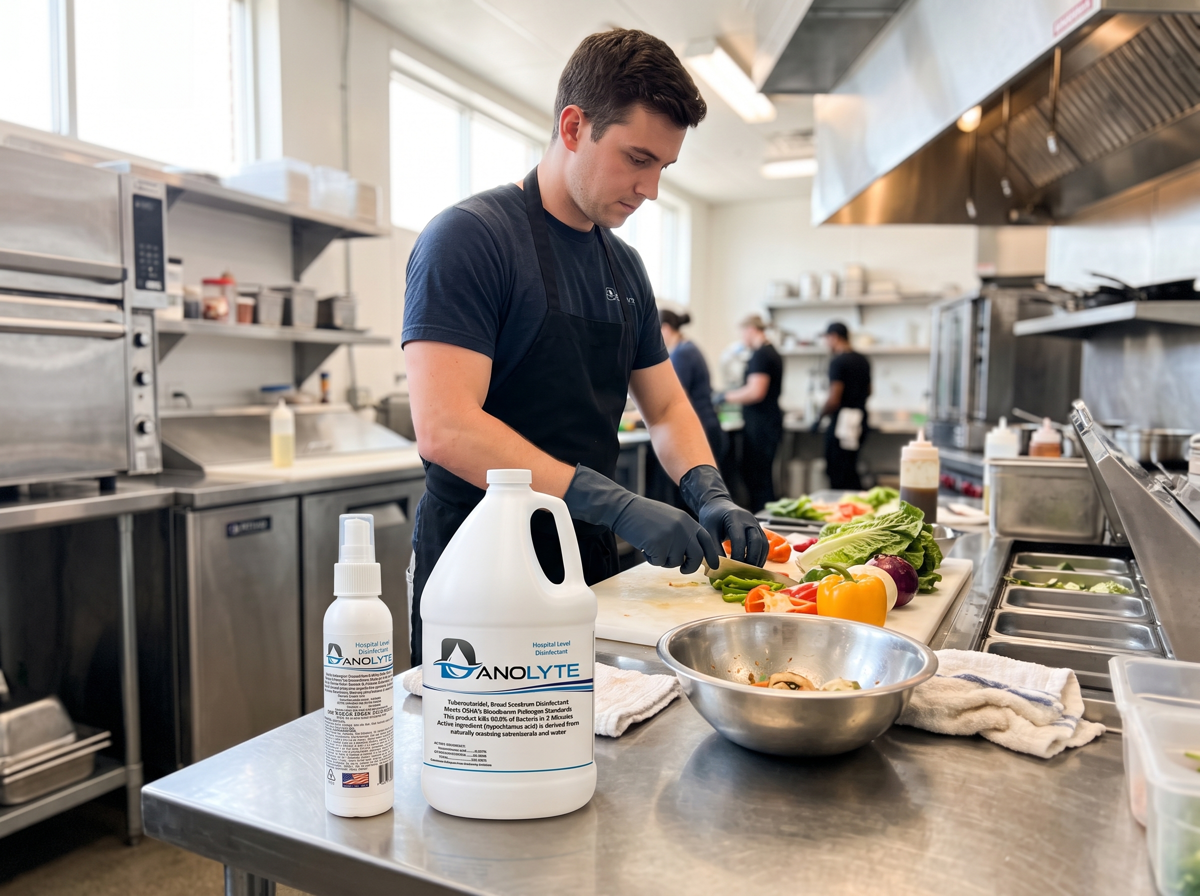A food service worker in gloves at a stainless steel prep station with a Danolyte spray bottle and gallon