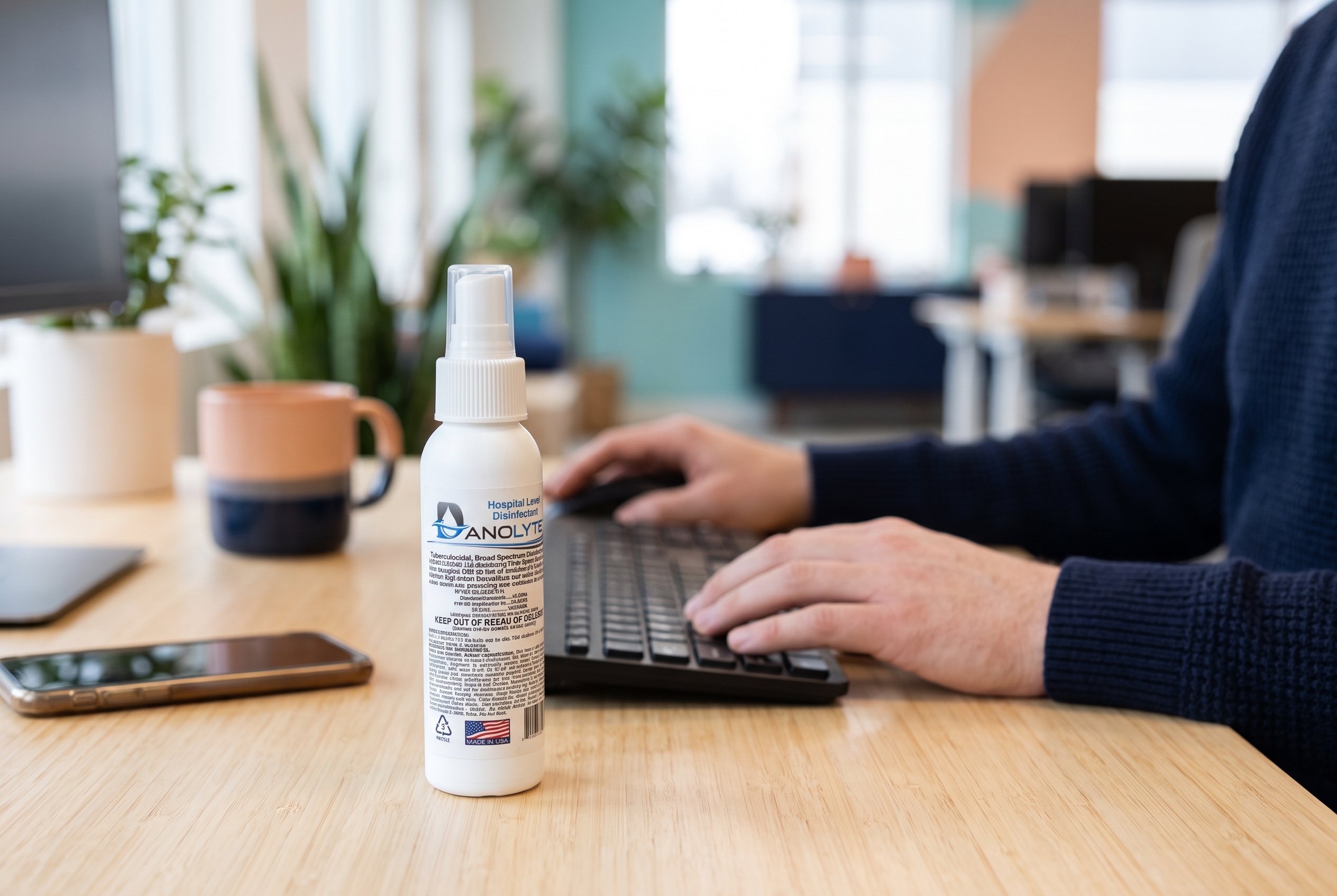 A Danolyte spray bottle on an office desk next to a keyboard and coffee mug