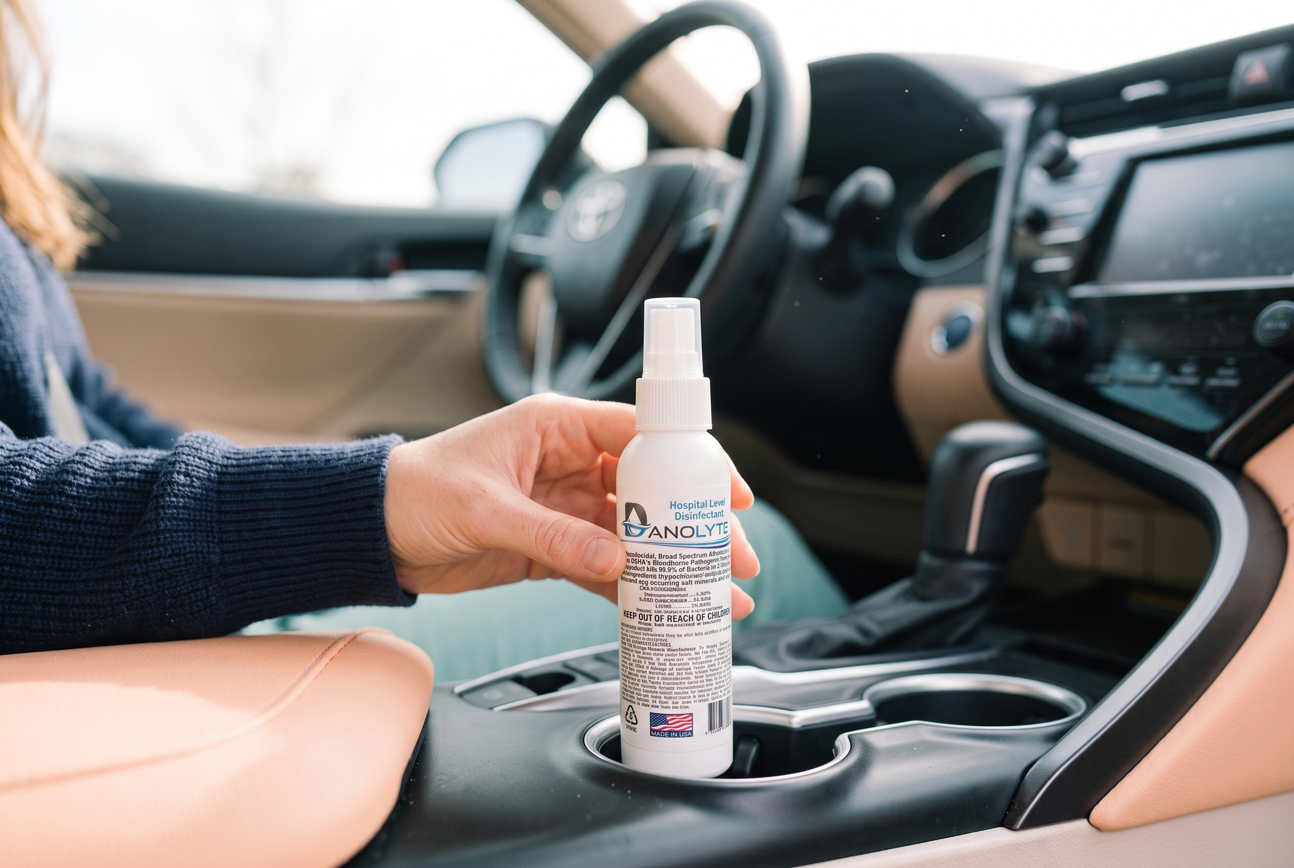 A Danolyte spray bottle in a car cup holder