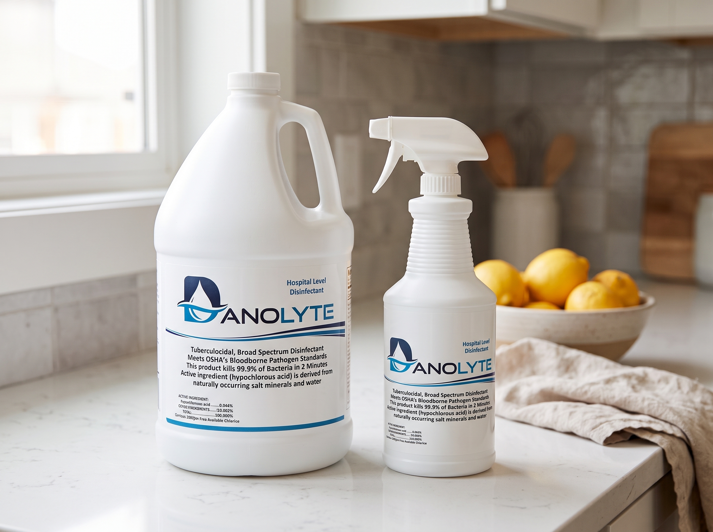 Danolyte Disinfectant spray bottle and gallon on a clean kitchen counter