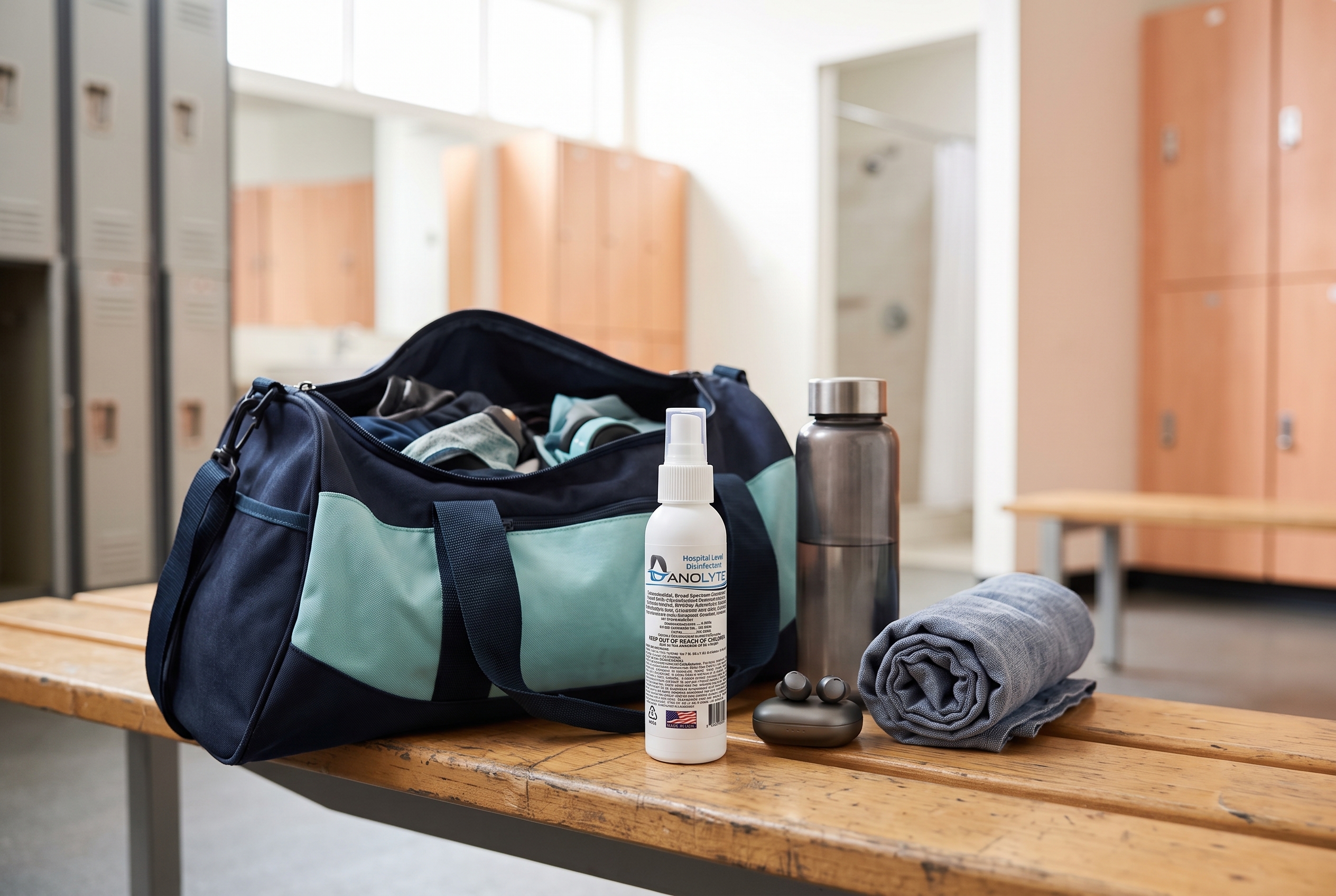 A Danolyte spray bottle tucked into a gym bag beside a water bottle and towel