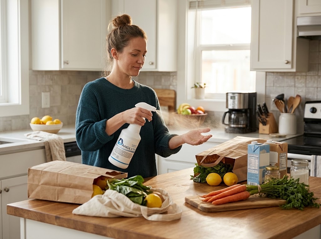 A woman sprays Danolyte on her hands at a kitchen island after unpacking groceries