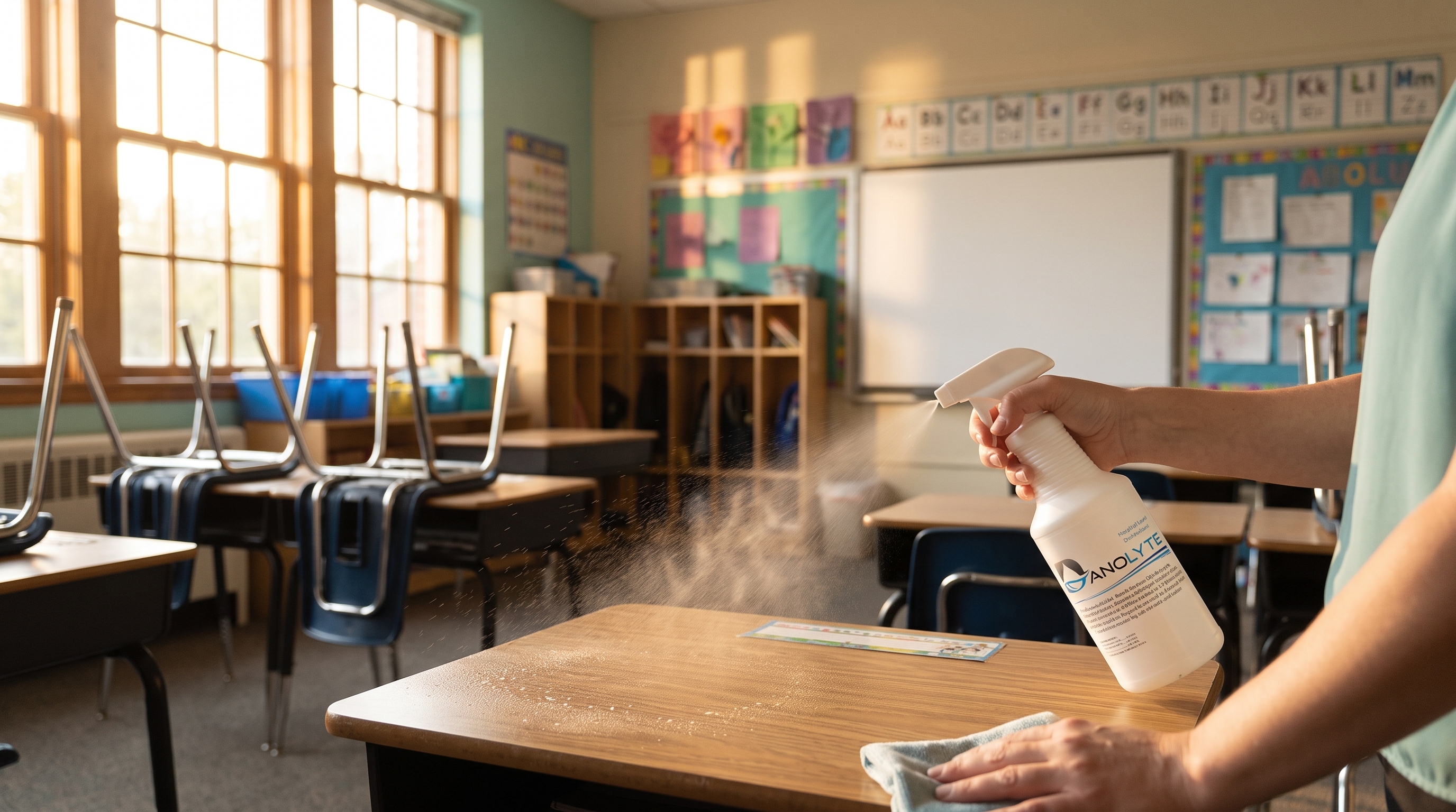 A teacher sprays Danolyte on a classroom desk