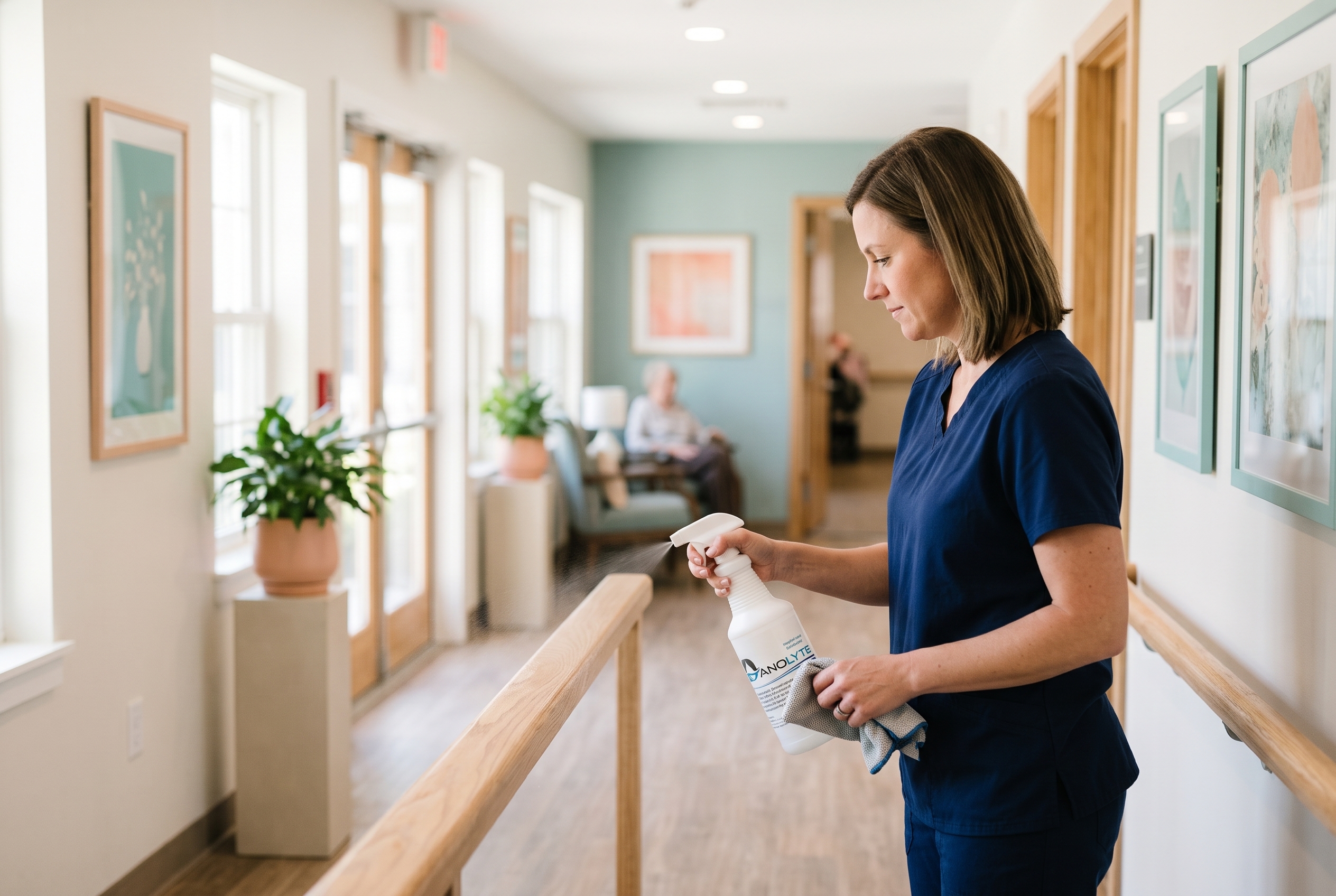A caregiver in scrubs sprays Danolyte on a hand railing in a bright assisted living hallway