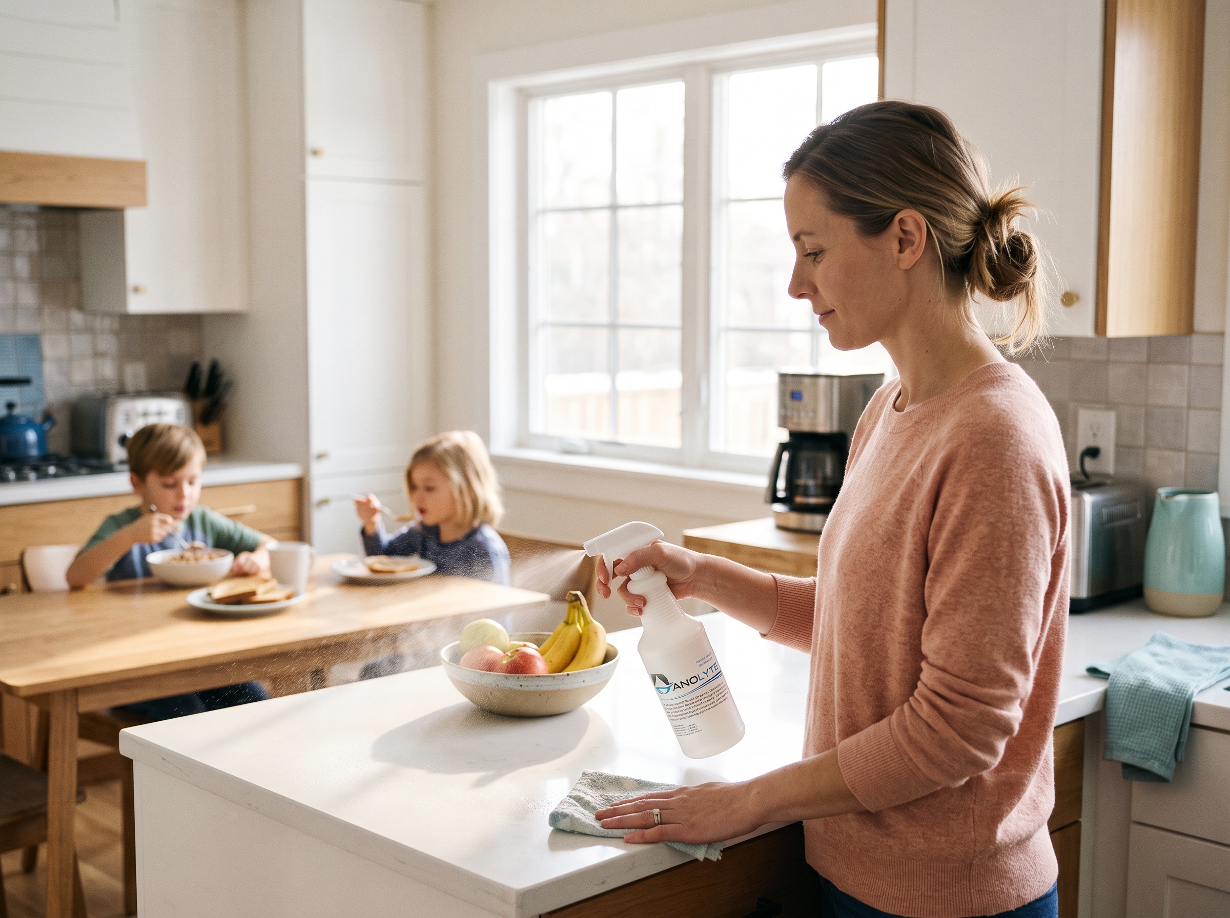 A mother sprays Danolyte disinfectant on a kitchen counter while her children eat breakfast at the table behind her