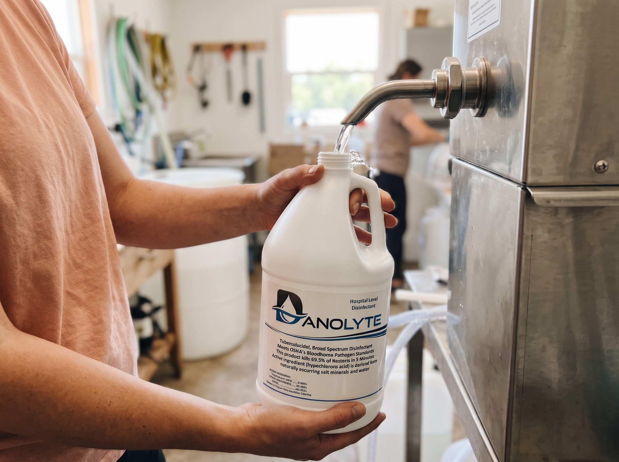 A fresh bottle of Danolyte being filled at the hypochlorous acid generator in Overland Park, Kansas