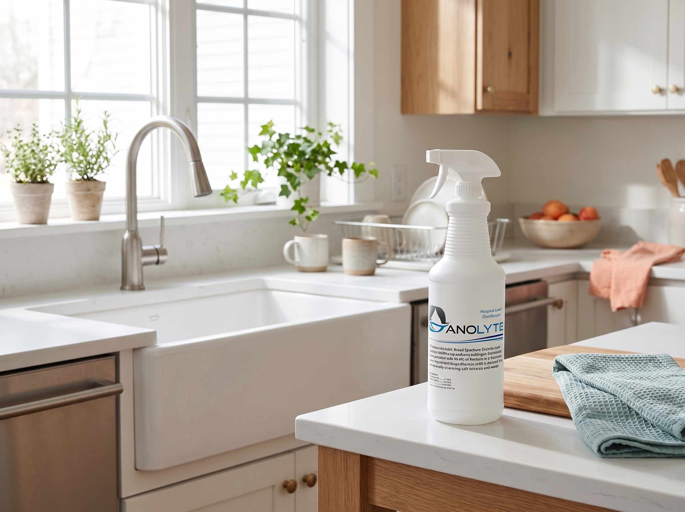 A Danolyte disinfectant spray bottle beside a kitchen sink and cutting board