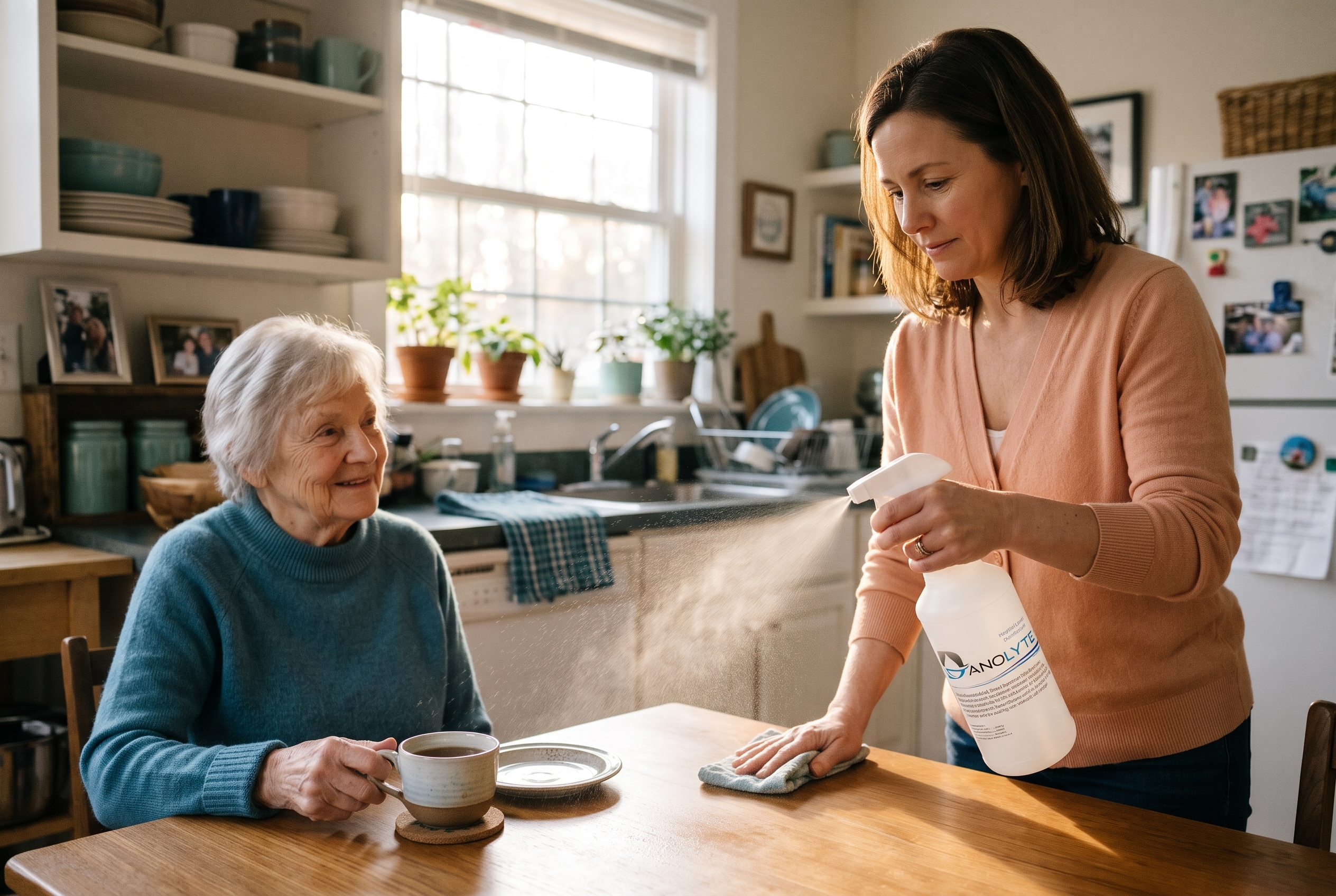 An adult daughter sprays Danolyte on her mother's kitchen table while her mother sits nearby with a cup of tea