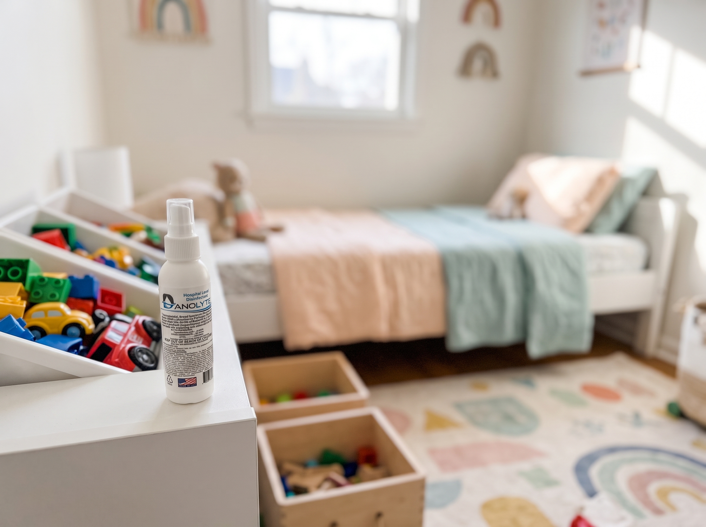 A Danolyte disinfectant spray bottle on a shelf beside a bin of plastic toys in a child's bedroom