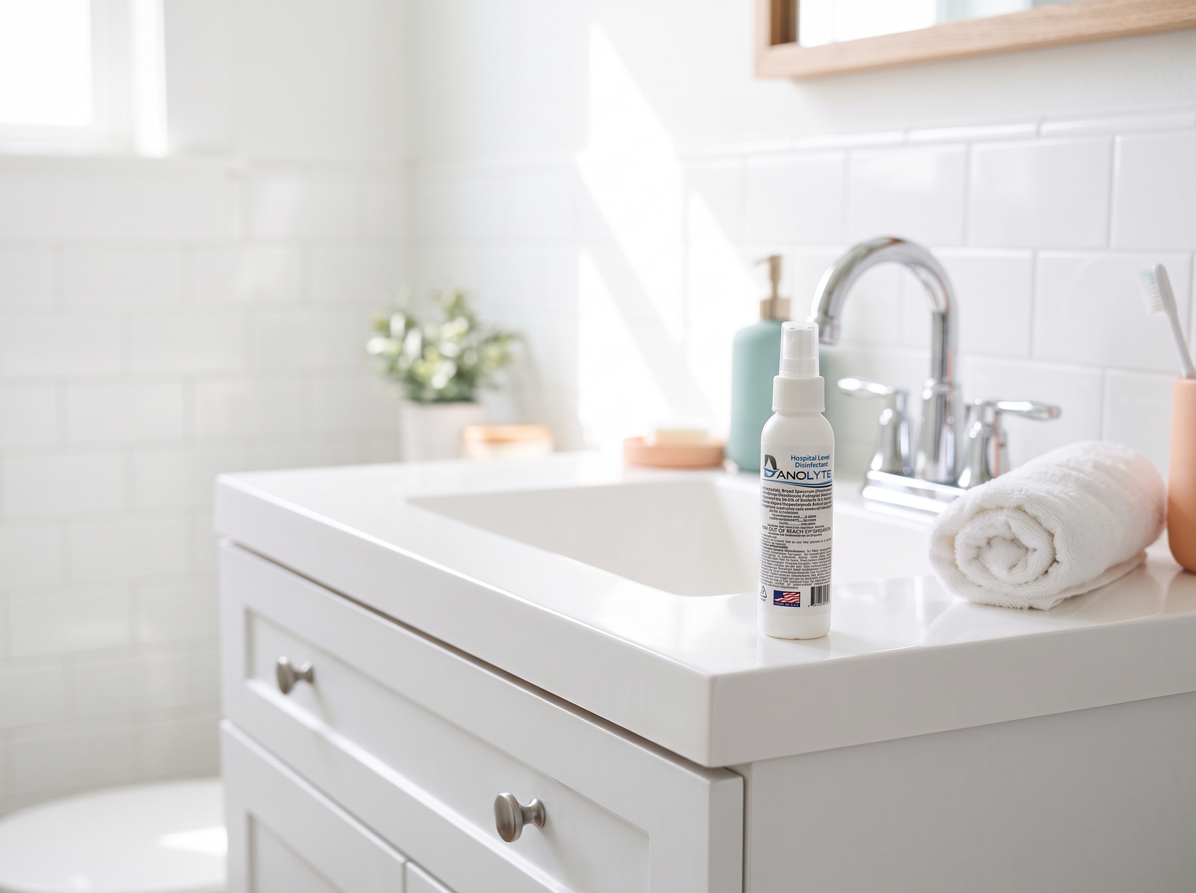 A Danolyte disinfectant spray bottle on a clean white bathroom vanity