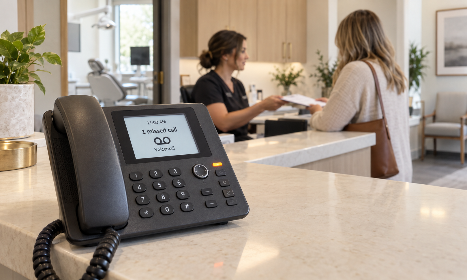 A front desk phone ringing out to voicemail.
