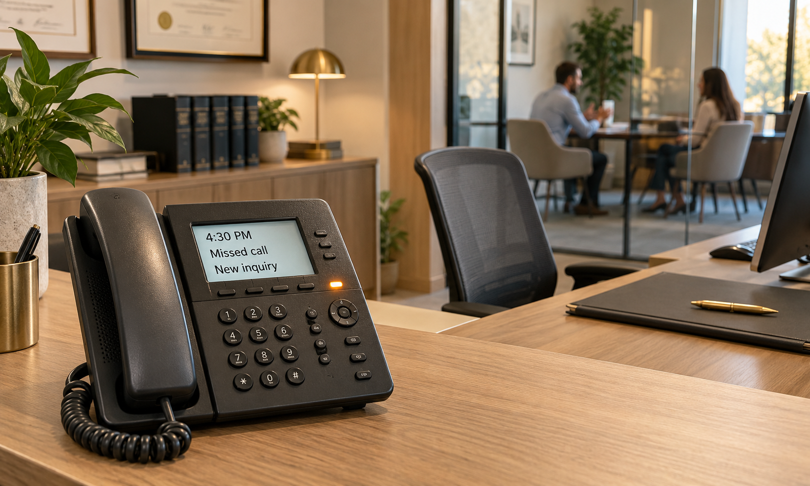 A reception desk with an unanswered phone.