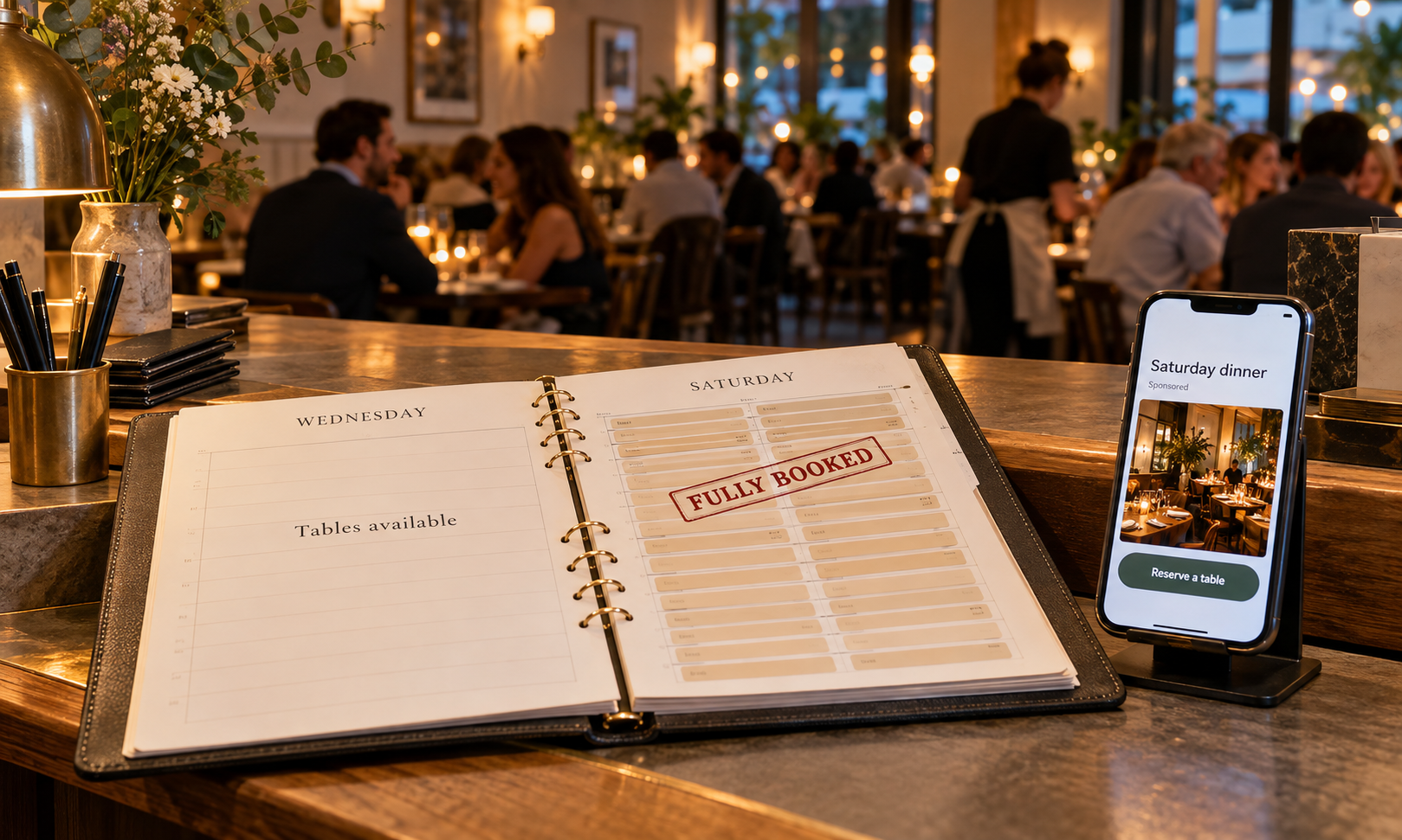 A full dining room on a Saturday night.