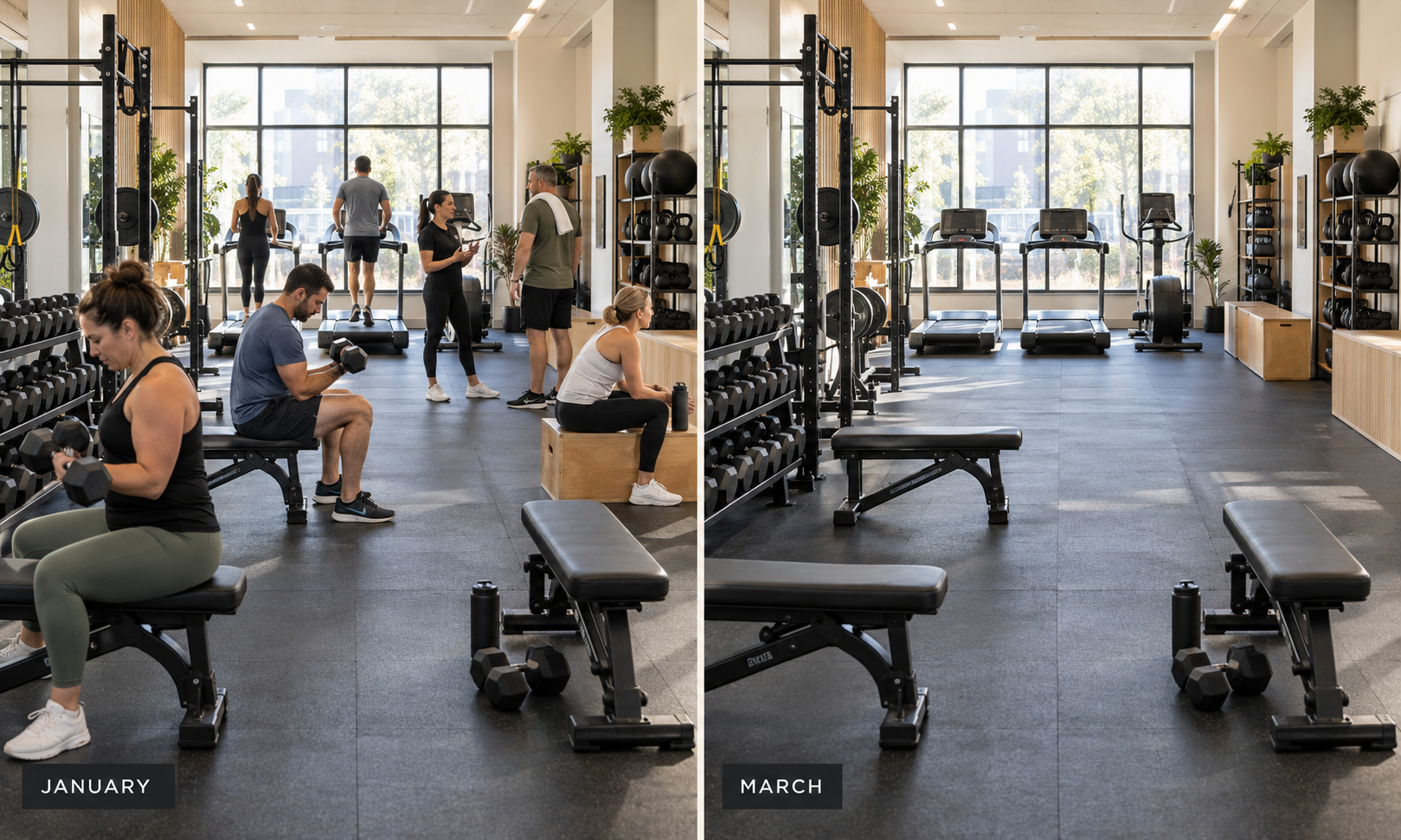 A packed gym floor in January beside an empty one in March.