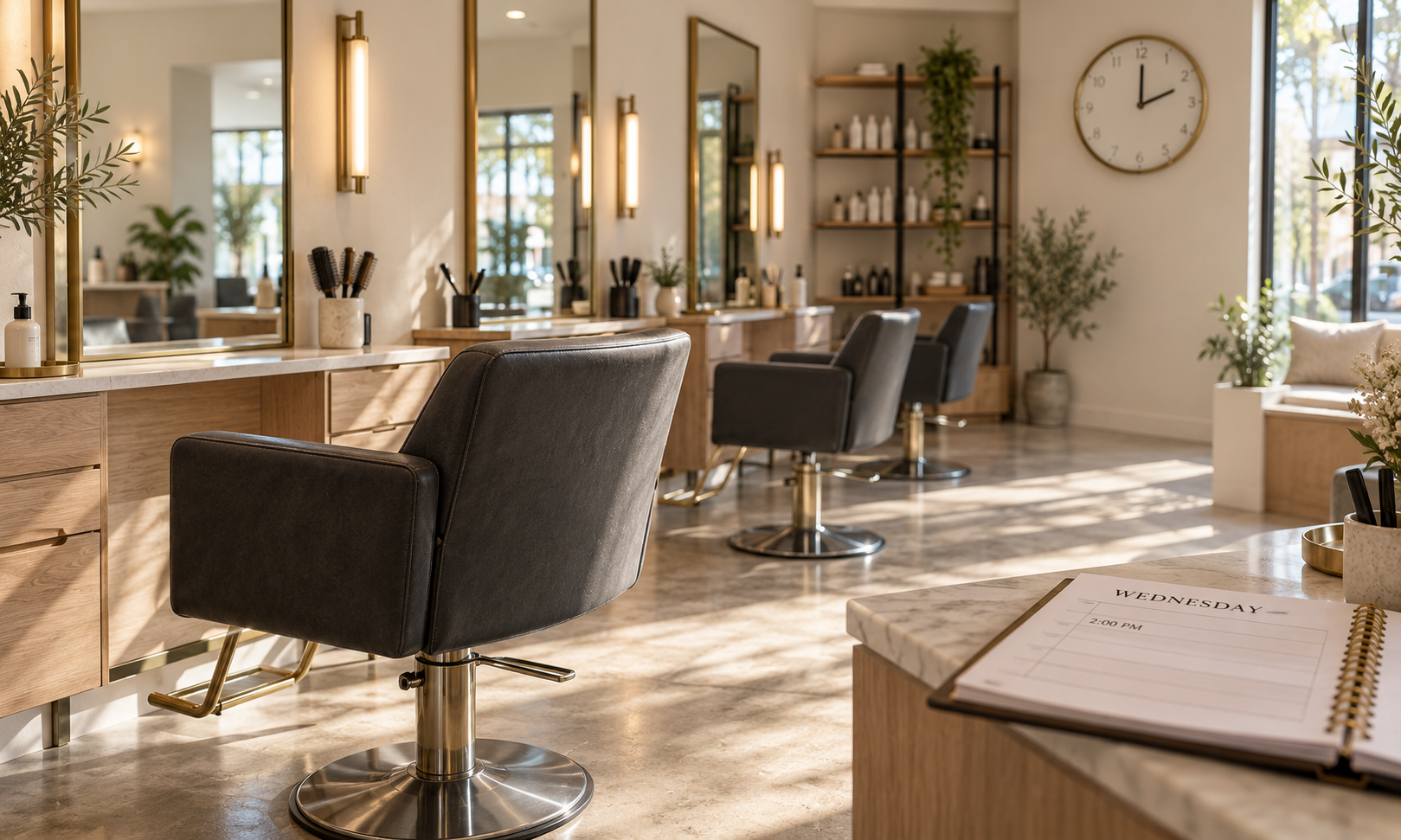 Empty chairs in a salon on a weekday afternoon.