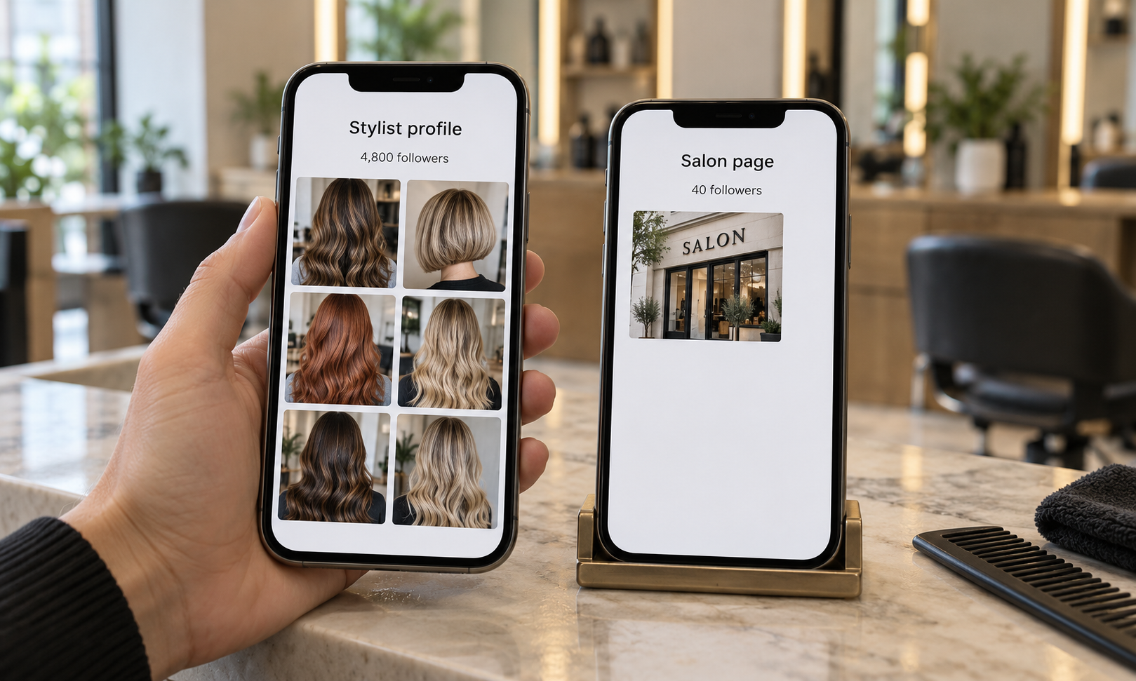 A stylist's personal account beside an empty salon page.