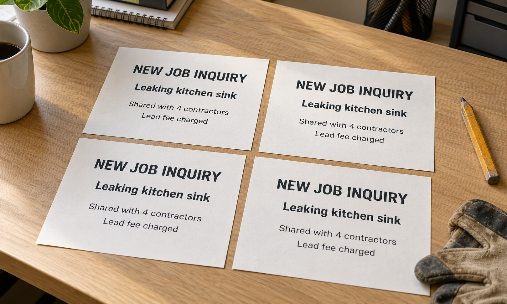 Four copies of the same inquiry, illustrating a lead shared between contractors.