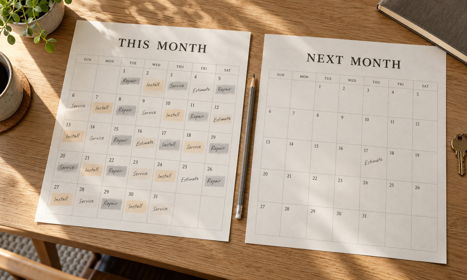 A busy calendar beside an empty one, illustrating inconsistent bookings.