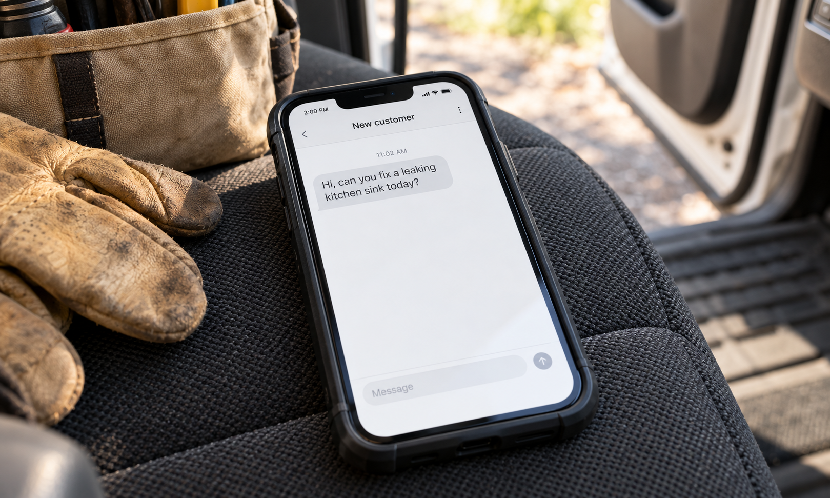 An unanswered message on a phone resting on a work van seat.