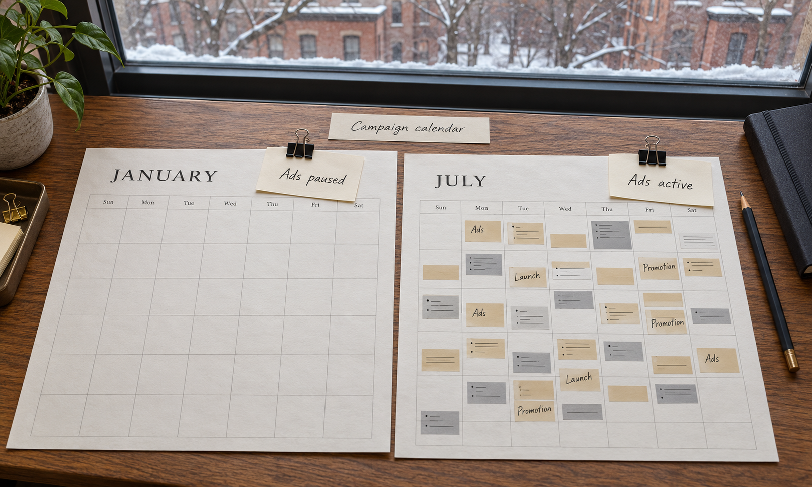 A calendar with advertising spend bunched into the summer months.