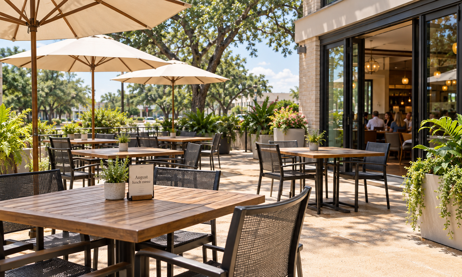 An empty patio in August, illustrating a market that is not flat.