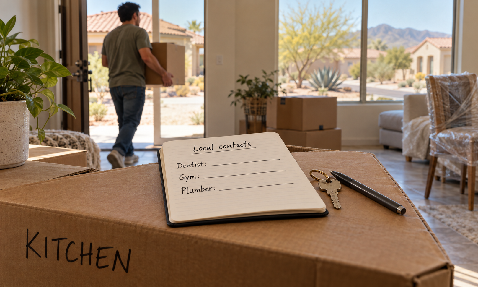 A moving box, illustrating a new arrival with no local businesses yet.