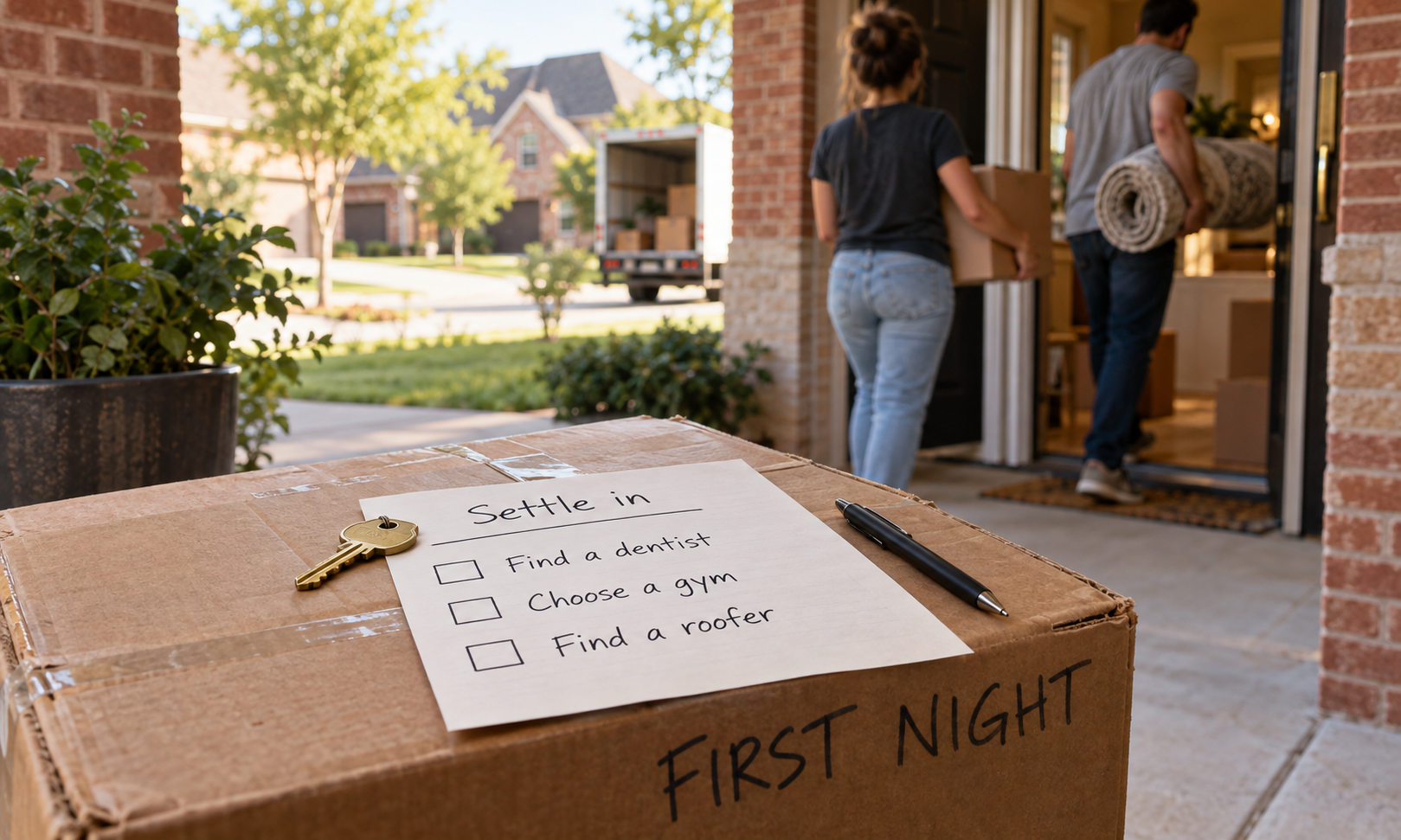 A moving box, illustrating a new arrival with no local businesses yet.