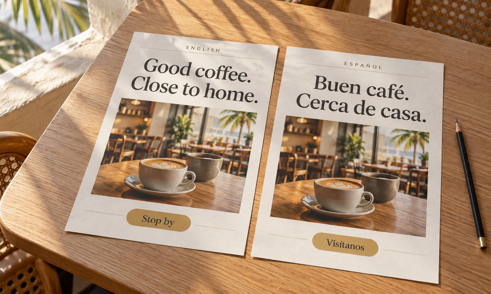 Two adverts side by side, one in English and one in Spanish.