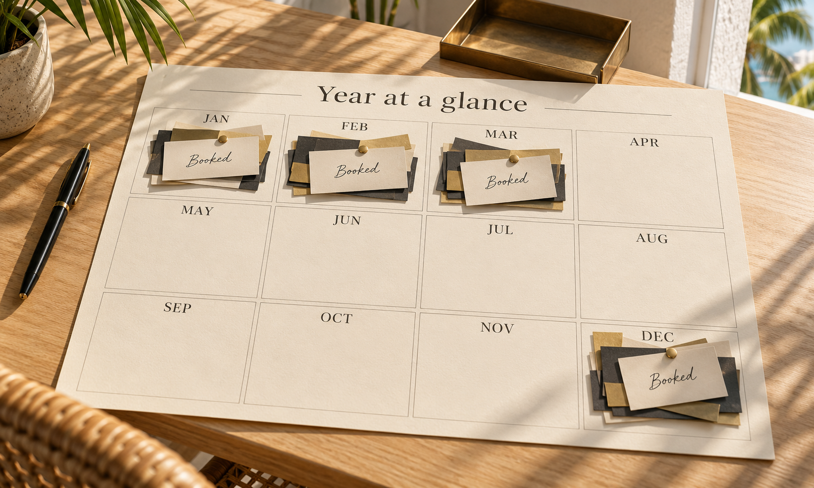 A calendar with only four months of the year marked as busy.