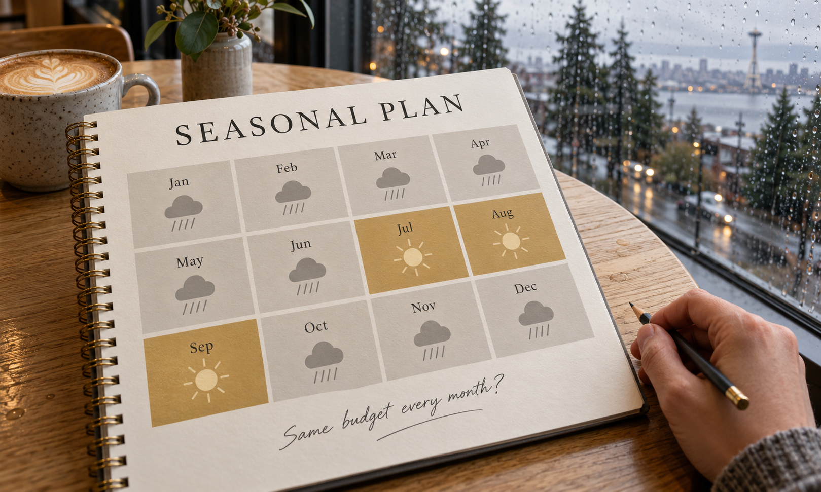 A calendar split between nine grey months and three of summer.
