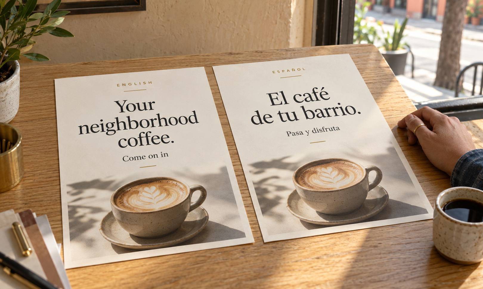 Two adverts side by side, one in English and one in Spanish.
