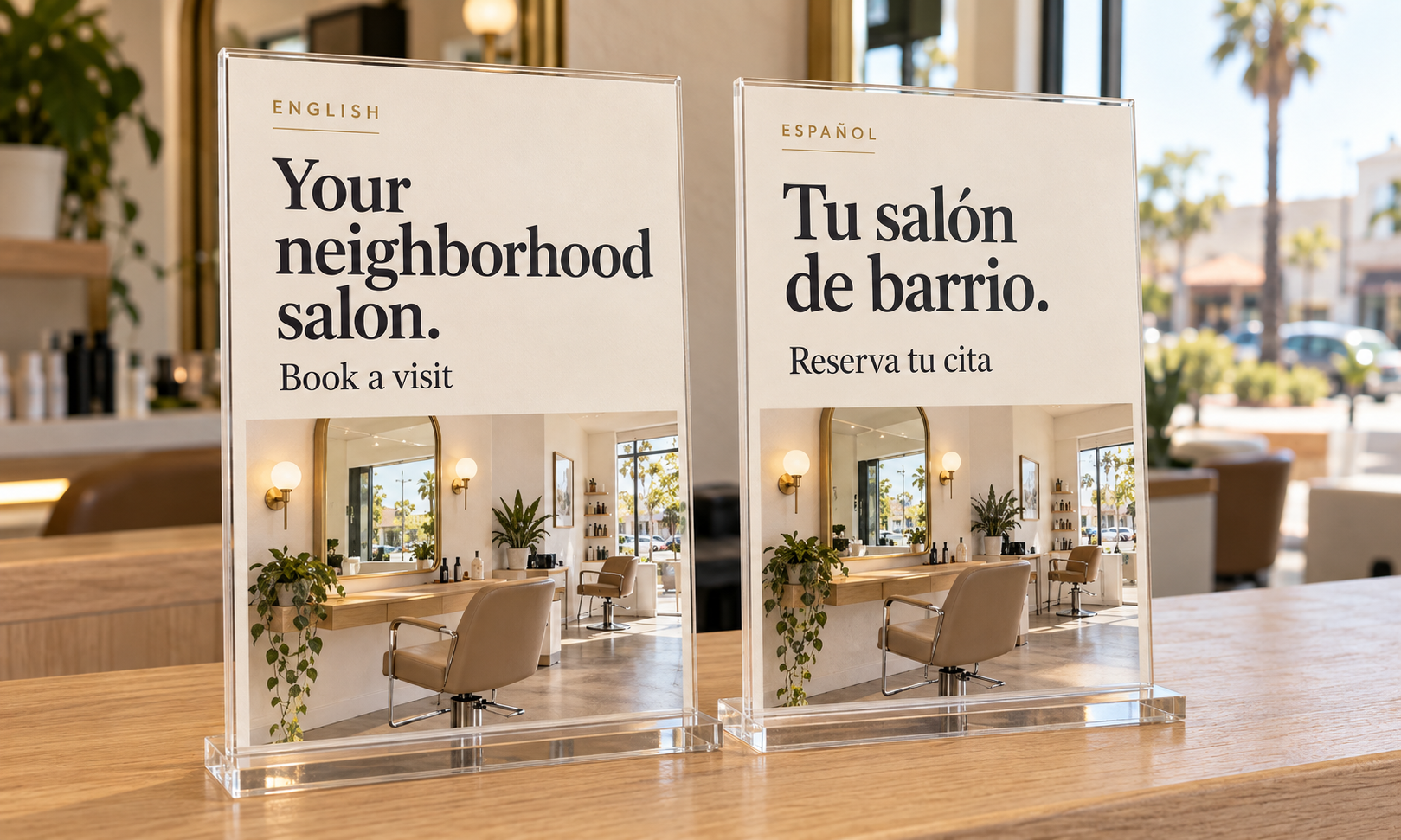 Two adverts side by side, one in English and one in Spanish.