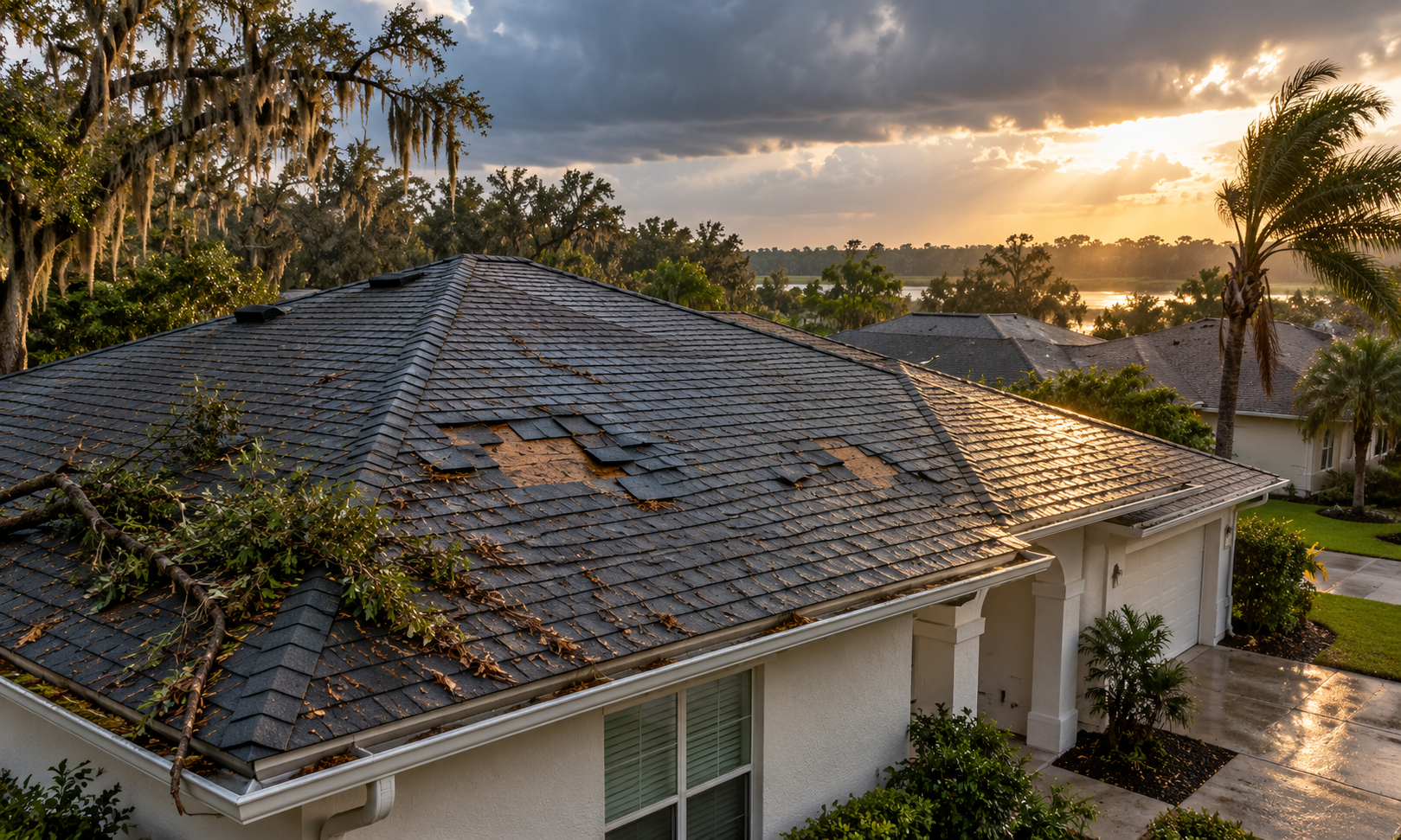 A roof after a storm, illustrating the busiest stretch of the year.