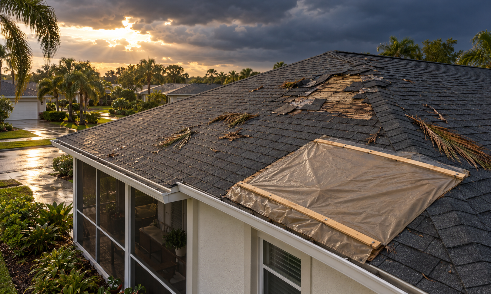 A roof after a storm, illustrating the busiest stretch of the year.