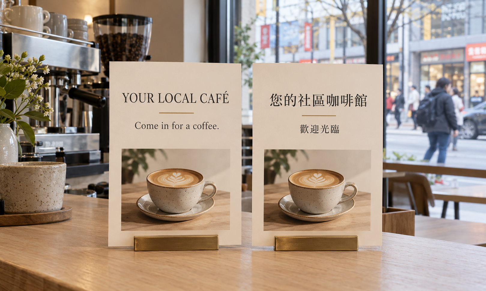 Two adverts side by side in different languages.