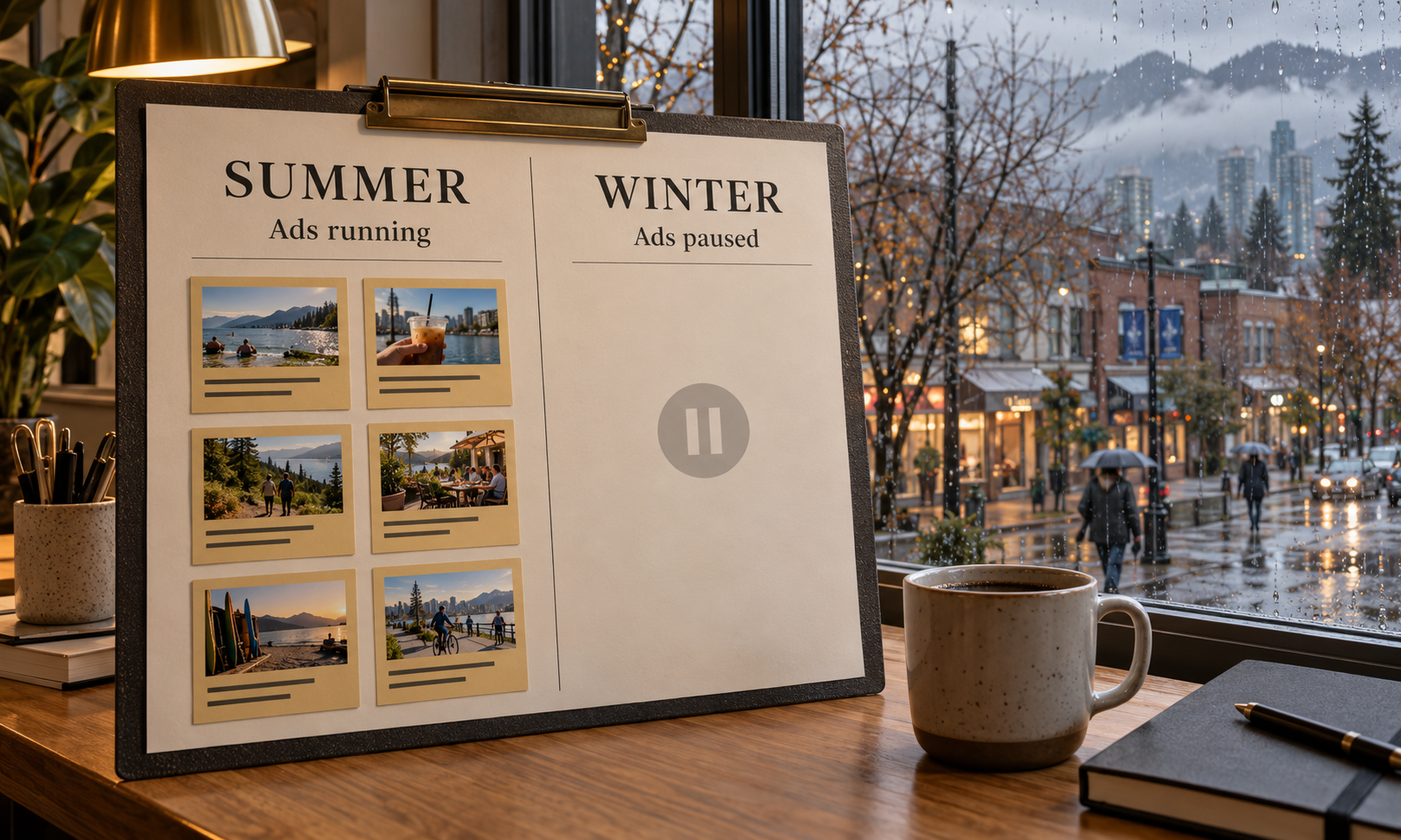 A campaign running hard in summer and going quiet in winter.