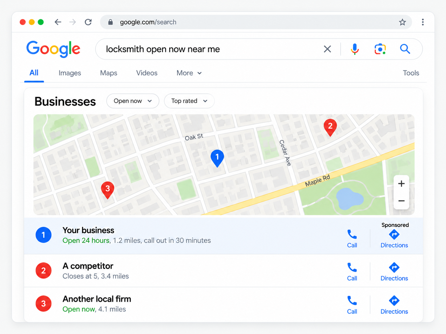 An example Google Maps local pack with a sponsored position