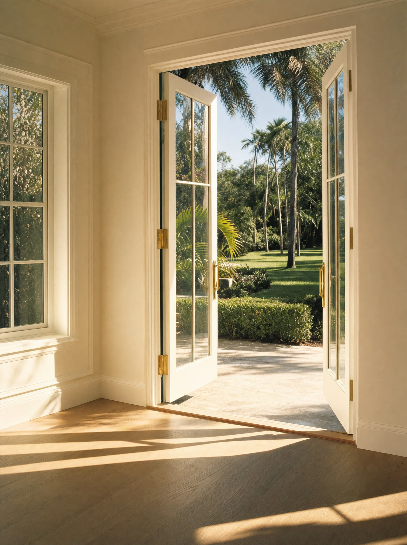 Open glass doors of a Florida home looking out onto palms and lawn in morning light
