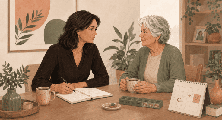 Midlife daughter and elderly parent having a calm conversation at home about care, independence, and future needs. Midlife daughter and elderly parent having a calm conversation at home about care, independence, and future needs.