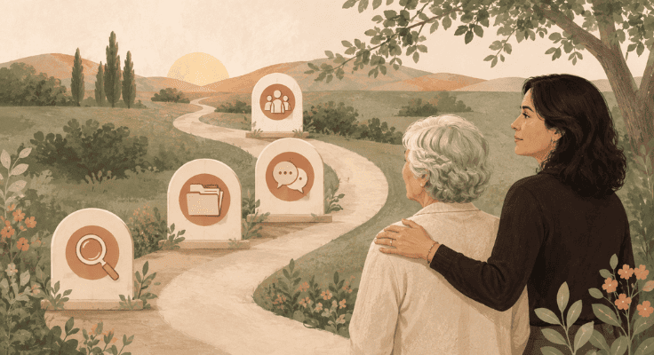 Daughter and elderly parent looking toward a path representing planning, conversations, documents, and family support. Daughter and elderly parent looking toward a path representing planning, conversations, documents, and family support.